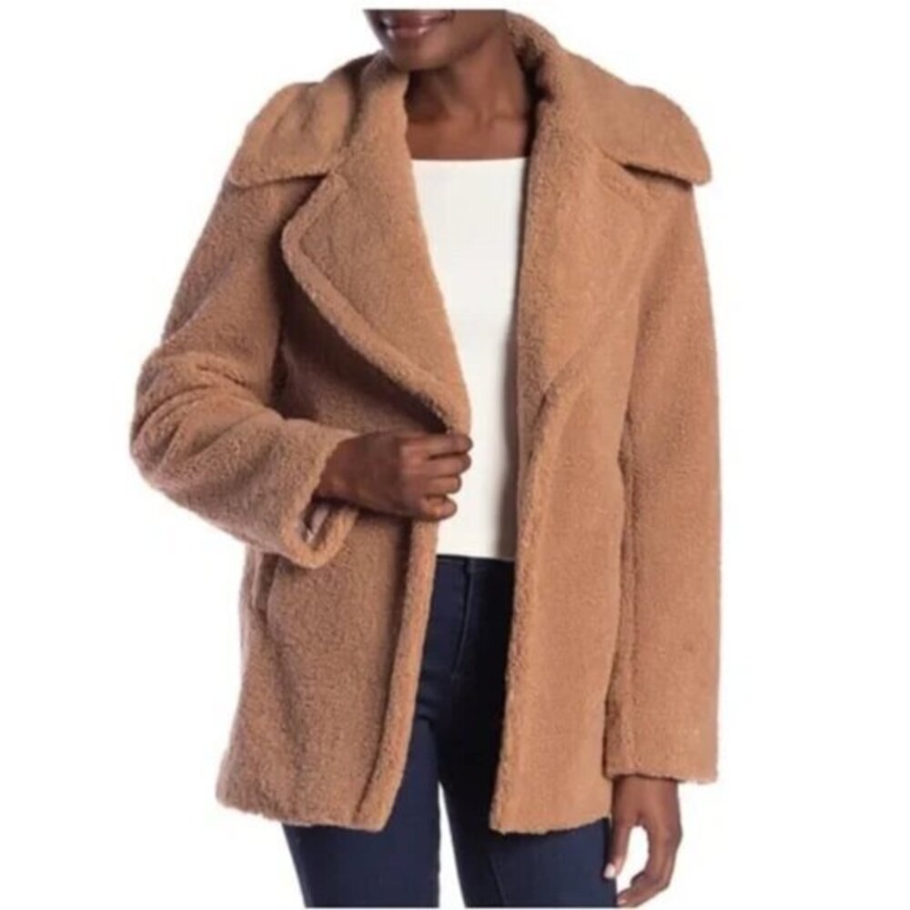 French Connection Teddy Sherpa Peacoat Oversized Jacket in Light Brown Size XS